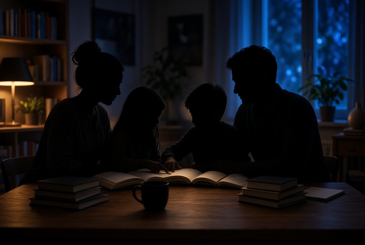 Silueta de una familia leyendo junta un libro iluminado sobre la mesa